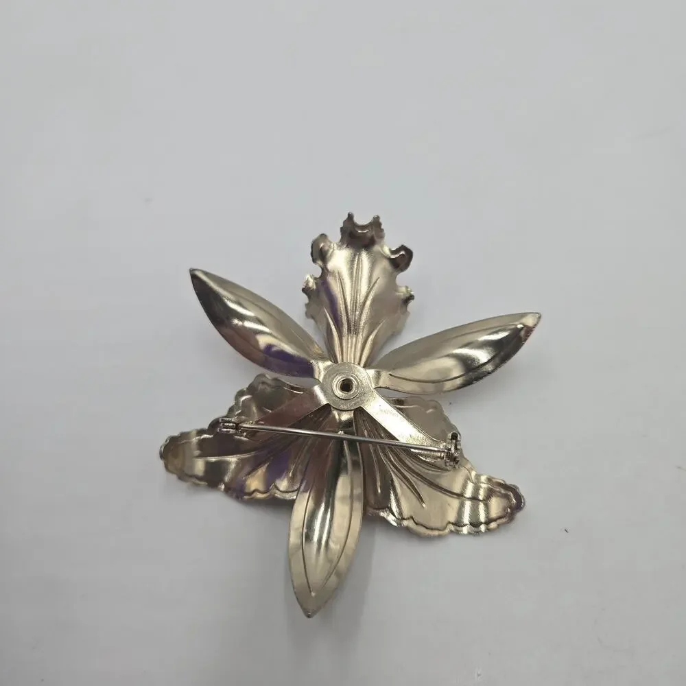 Vintage Silver Tone Purple Enameled Rhinestone Orchid Retro Brooch Boutonniere